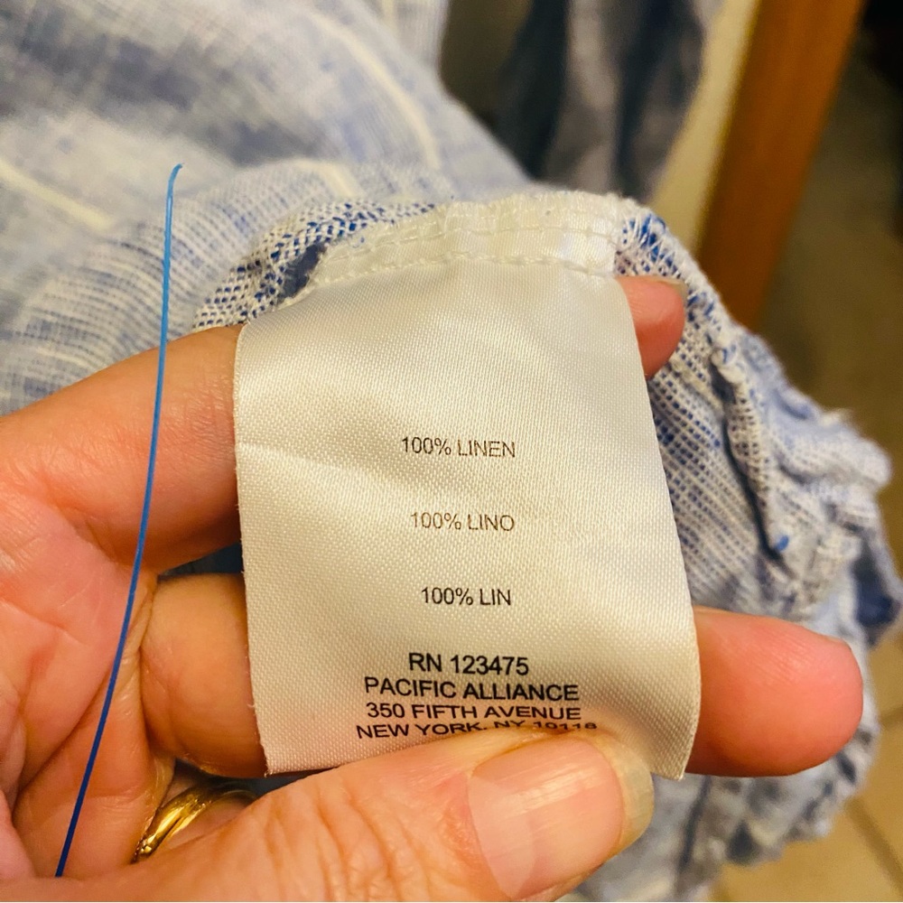Ellen Tracy 100% Linen Gauzy Shirt Sz Small Popover Blue Stripe Roll Tab Sleeves - Picture 4 of 6